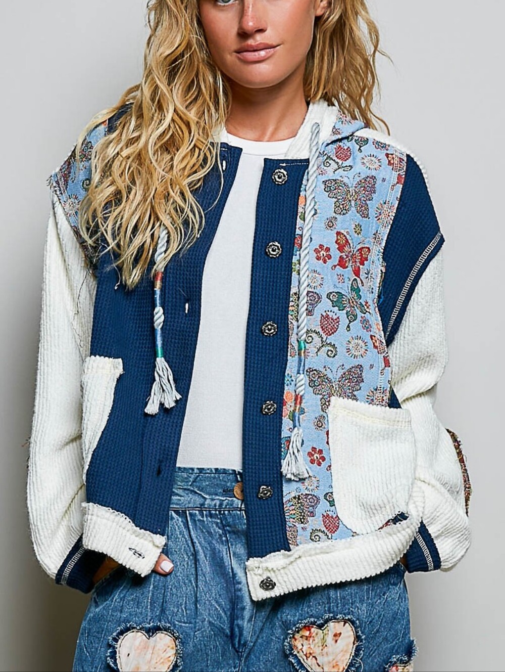 POL Indigo Cream Floral Patchwork Hooded Jacket Cardigan Style YKT1644